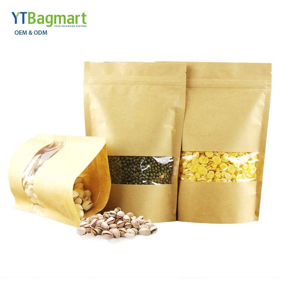 
Custom Food Safe Stand up Kraft Paper Pouch Bag Screen Printing Moisture Proof Zipper Top Accept with Clear Window 