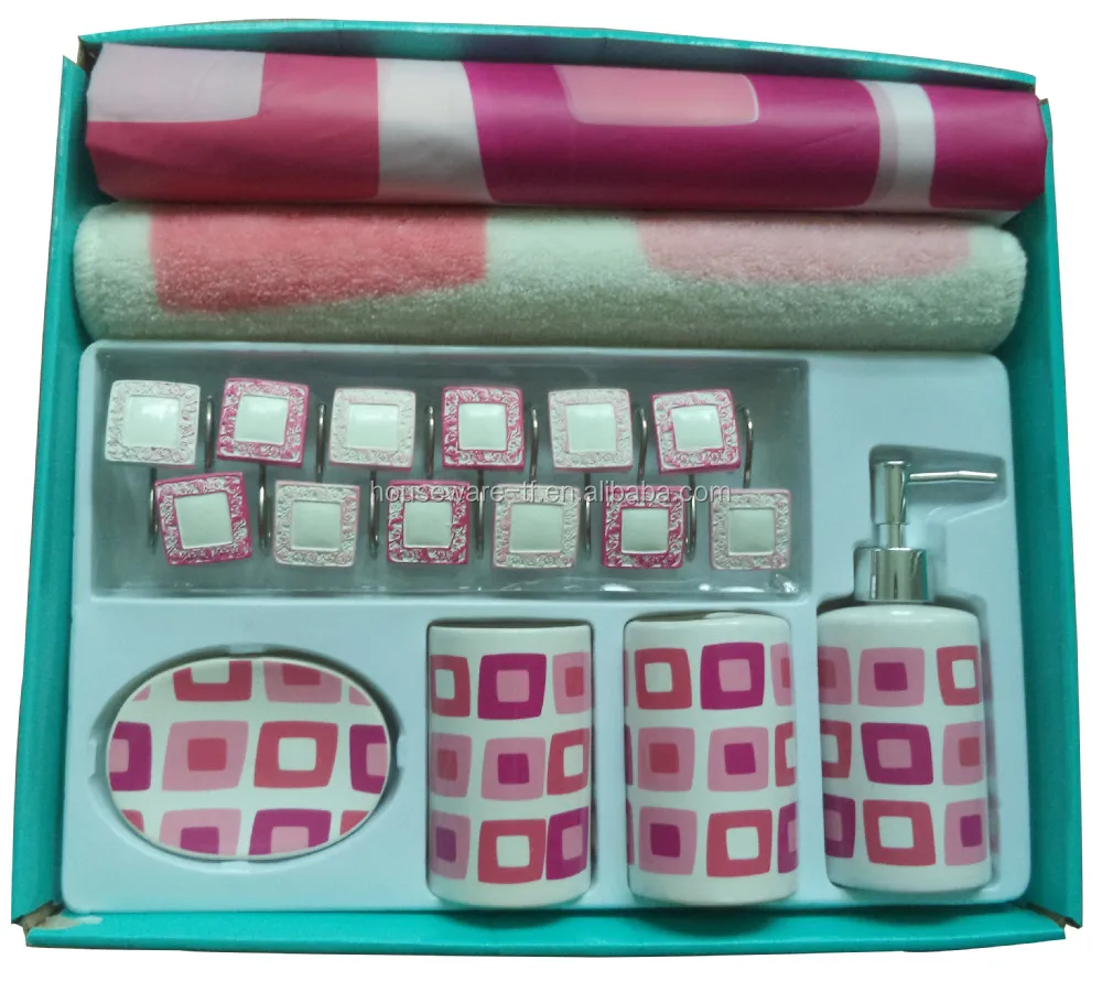 Plastic Printing Shower Curtain with Resin Hooks for Bathroom Accessory Set of 18 Plastic Shower Curtain Bath Accessories Sets