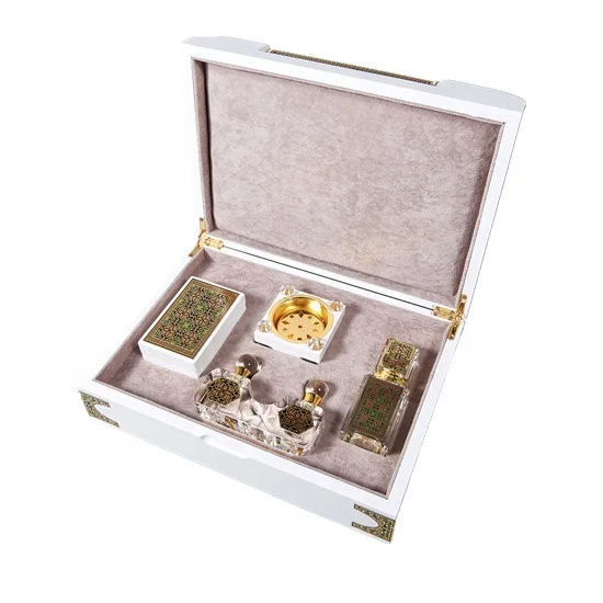 Luxury white glossy lacquer Finish Wooden Double Perfume Bottle Incense Box with brown color velvet