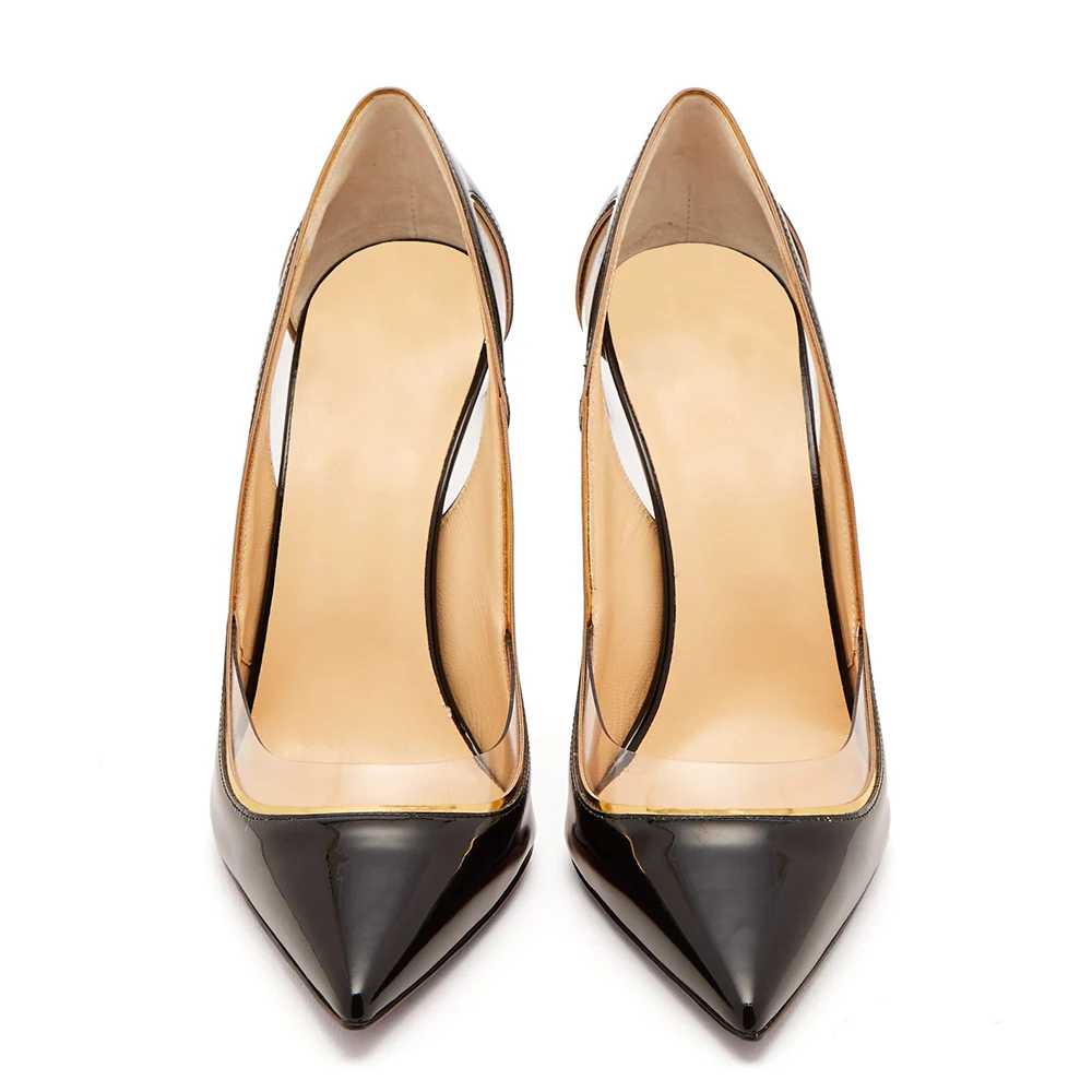 Factory Plus Size Heeled Clear Court Shoes Stiletto Heels Ladies Pointed Toe Patent Leather Shiny Black High Heel Pumps Women