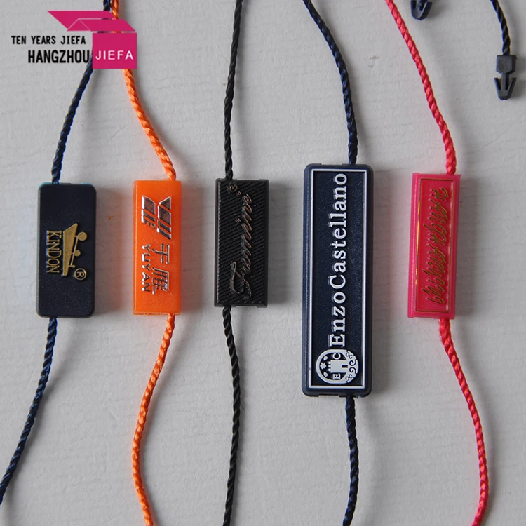 Low MOQ Suppliers Price Eco-Friendly Custom Brand Logo Ribbon Hang Plastic String Seal Tags for Clothing