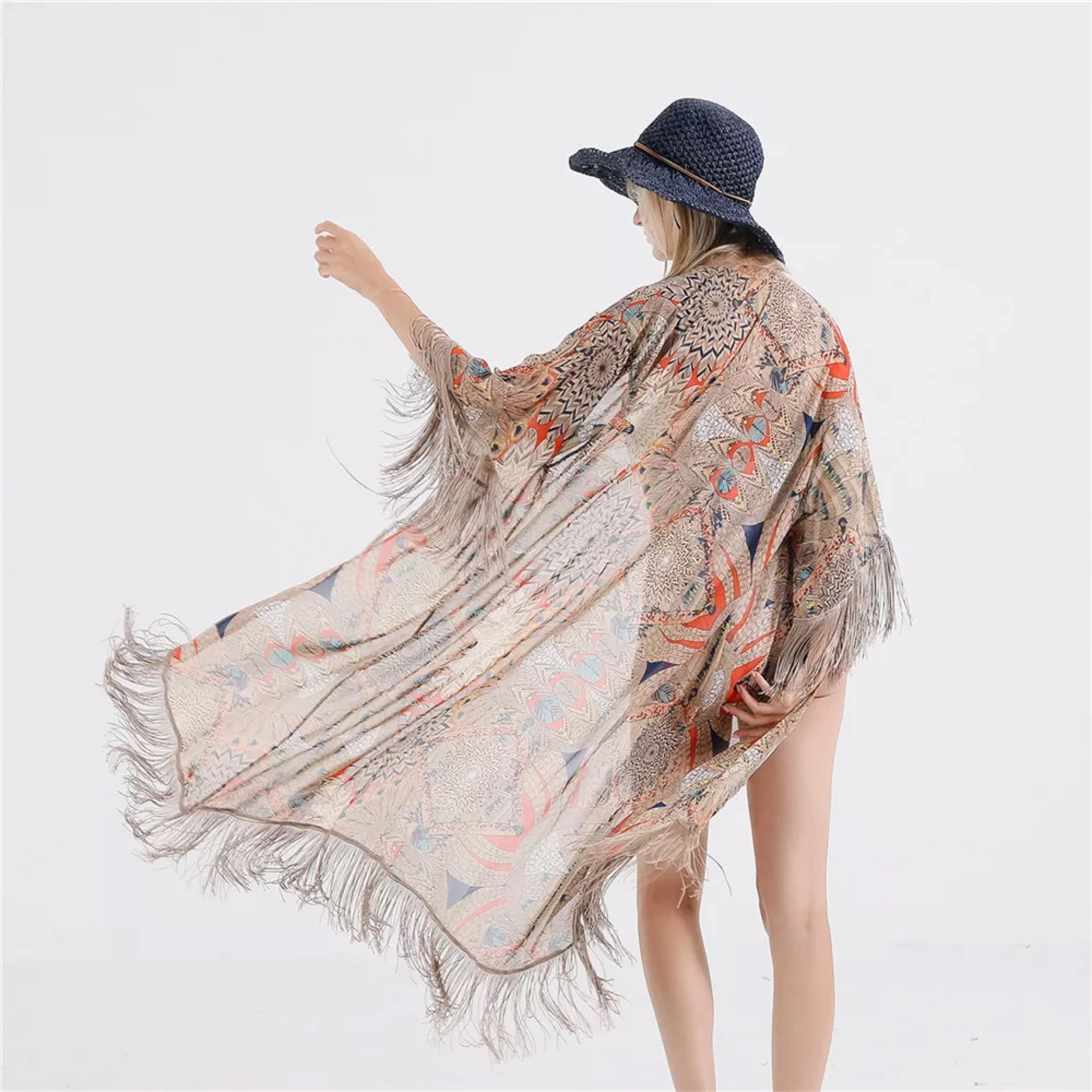 British style printed fringe cover up beachwear kaftan beachwear women boho casual dress