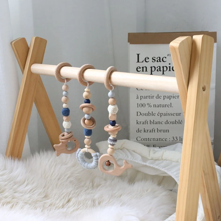 Organic Wooden Whale Fish Ring Silicone Crochet Beads Play Gym Hanging Toys Baby Teether