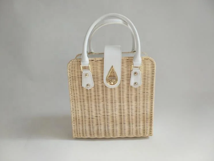 Factory outlet rattan and PU handle  woven straw small white lady hand bag