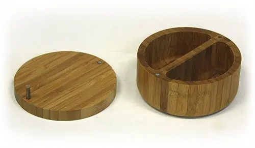 Simply Bamboo Wooden Round 2-Compartment Salt Box Removable, Rotating, Magnetic Top