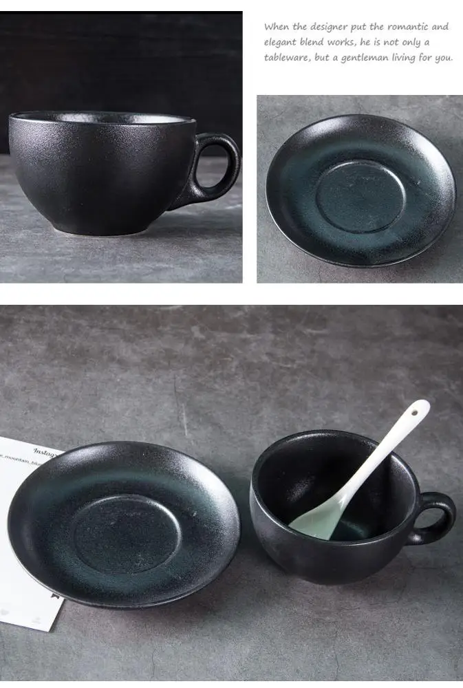 factory hot sell cheap price black bone china ceramic porcelain coffee cup tray set with handle spoon