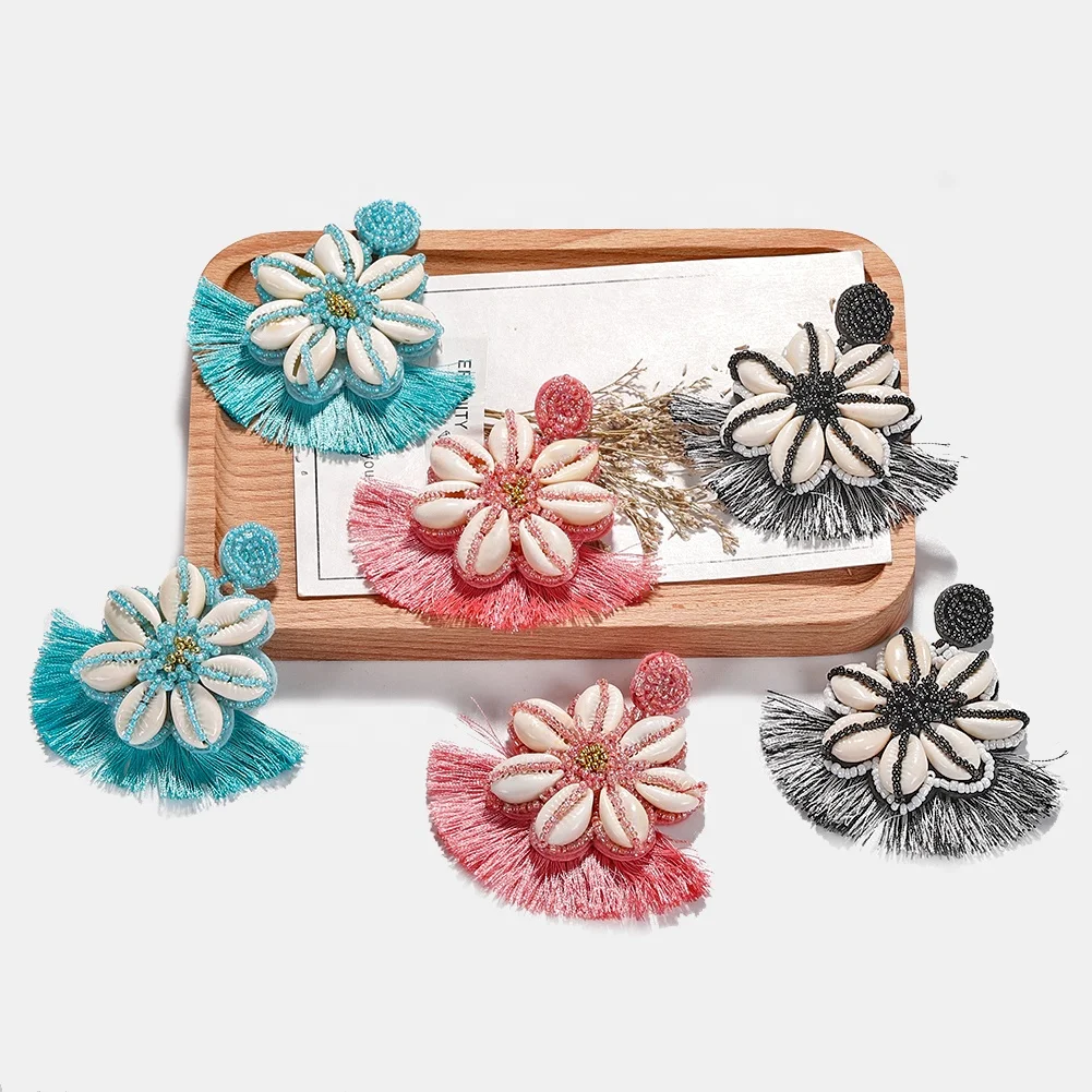 Kaimei 2019 New Bohemian Shell Drop Dangle Earrings for Women Handmade Rattan Knit Summer Tortoise Shell Tassel Drop Earings