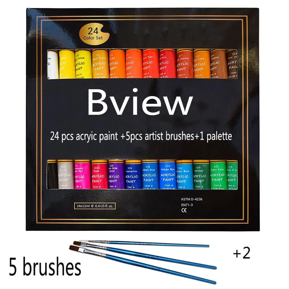 Лидер продаж на Amazon, 12 шт. и 24 шт. в упаковке, акриловая цветная краска с кисточками