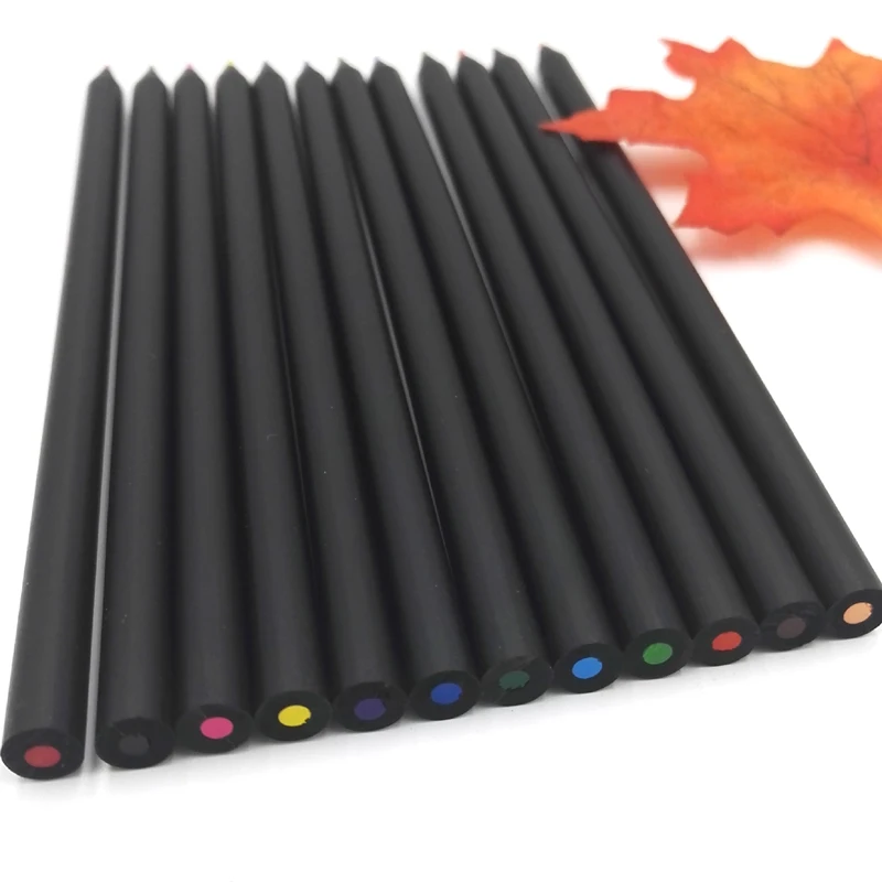 Novelty Black wood Color Pencil Packaging 12 Different Colours Colored Pencils Drawing For Children Stationary High Quality