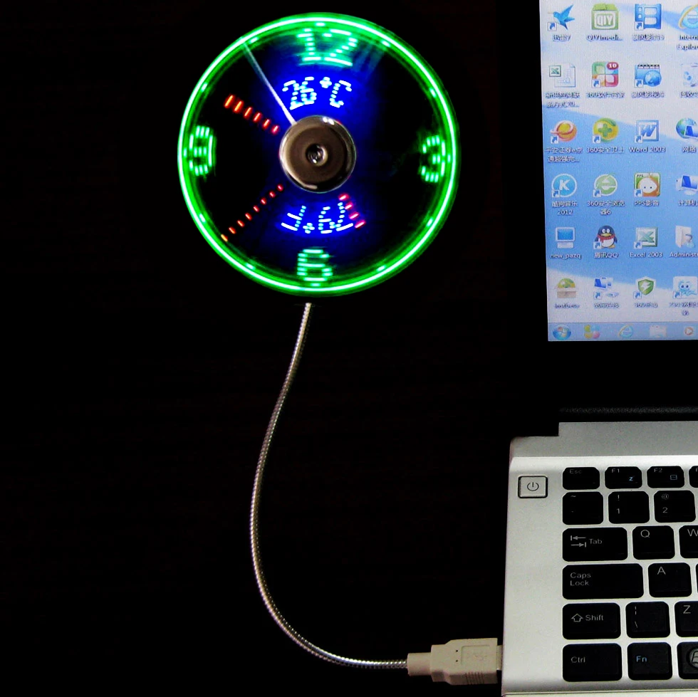 
New USB Clock Fan with Real Temperature Display Flexible LED Clock Thermometer Fan with Celsius and Fahrenheit 