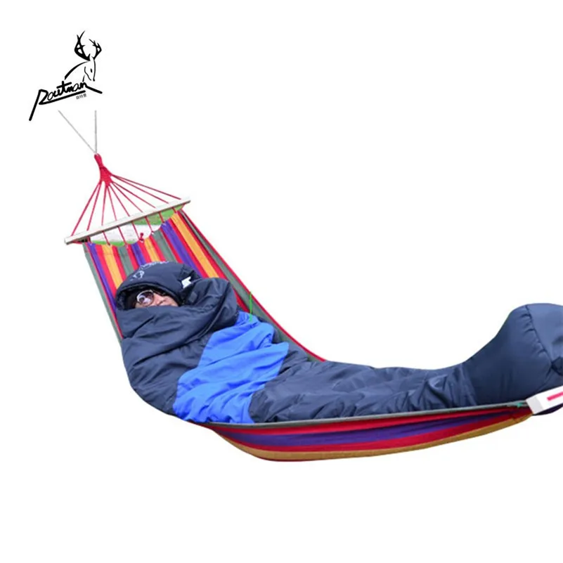 RO-15 ROUTMAN Folding 2 Person Double Outdoor Portable Camping Canvas Hammock with Wooden Stick