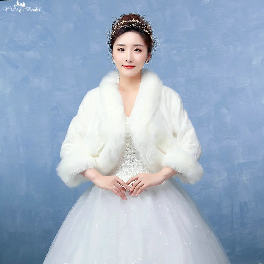 
LZP122 Faux Fur Fabrics Long Sleeve White Coat Lace Bolero Wedding Shawl 