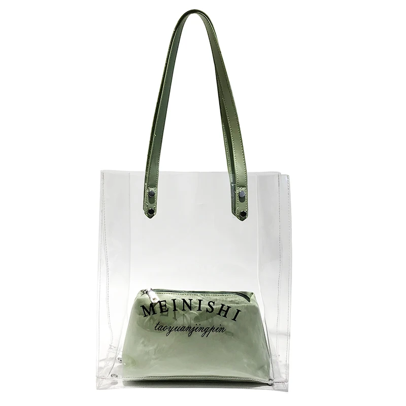 
Women Tote 2pcs Set Bags Transparent PVC Plastic PU Clear Bag 