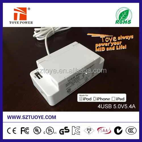 Ce, Rohs, FCC approved 4 USB ports 22W 5V 5.4A charger with smart ic