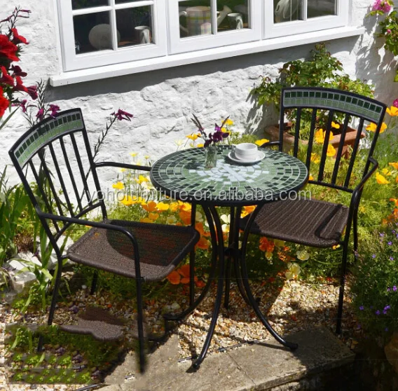 3pcs Outdoor Set Table Wicker Furniture Garden Rattan Chair Deck Mosaic Round Table Bistro Set
