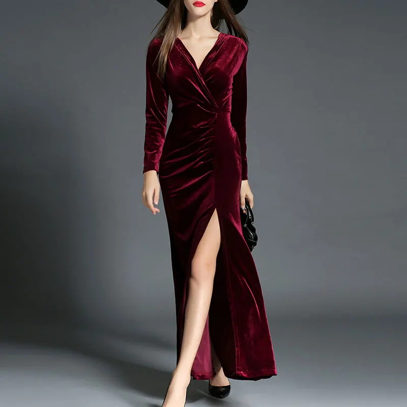 
Maxnegio Factory Price Blue ladies Velvet Dress Long Sleeve Maxi Evening Dress 