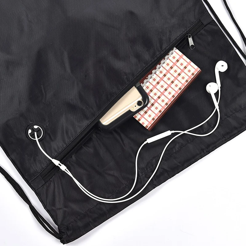 Custom Promotional Waterproof 210D Polyester Black Sports Nylon Drawstring String Back Pack Gift Bag with Zipper Pocket logo