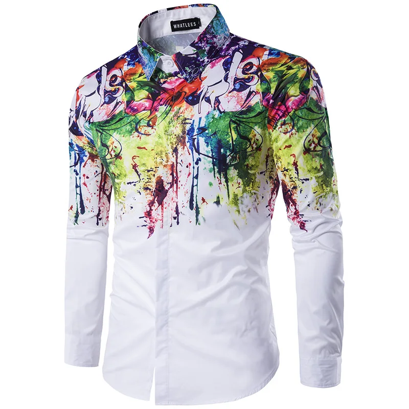 A3872 Male flowers splash ink paint long sleeve cotton polyester Korean white shirt