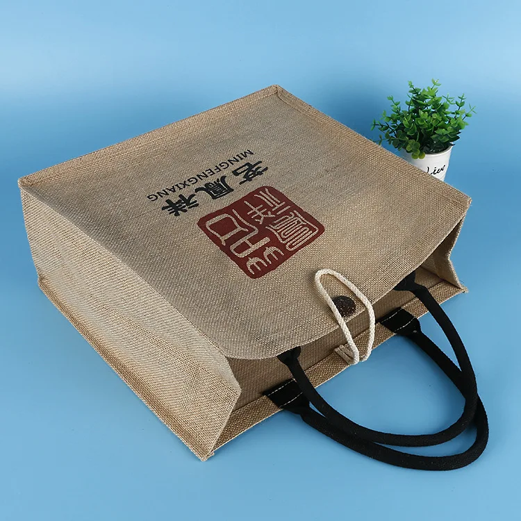 
Custom wholesale printed jute euro gift bag with black handles 