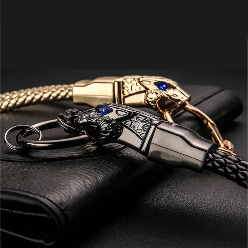 Leopard Head High - Grade Metal Key Ring - Blue - Drill Car Keychain Custom Key Chain Braided leather rope