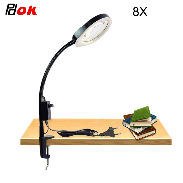 PDOK 8X Large Optical Glass Magnifier with LED Lamp for Phone PCB Repair Inspect