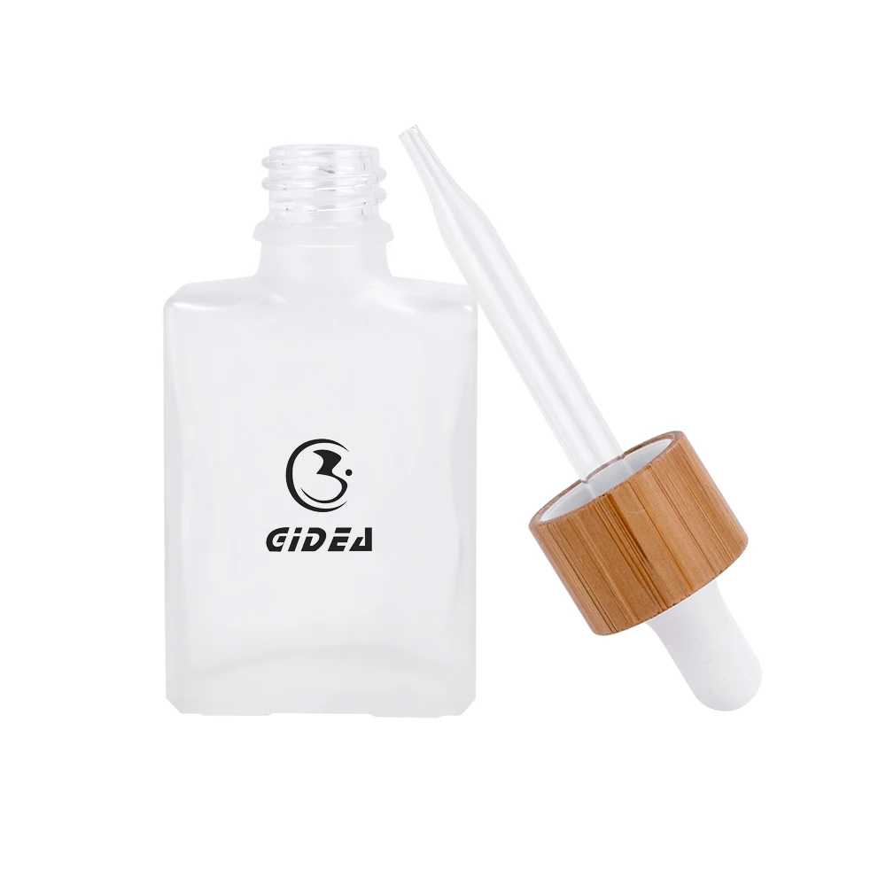 30ml Square Glass Cosmetic Bottle With Dropper and Bamboo Cap Wholesale Bamboo Dropper Bottle Biodegradable Cosmetic Bottle