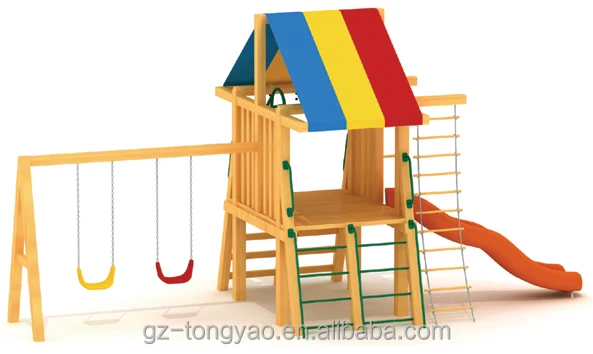 Amusement Park rides swing set Children outdoor playground kids playhouse Wooden Slide
