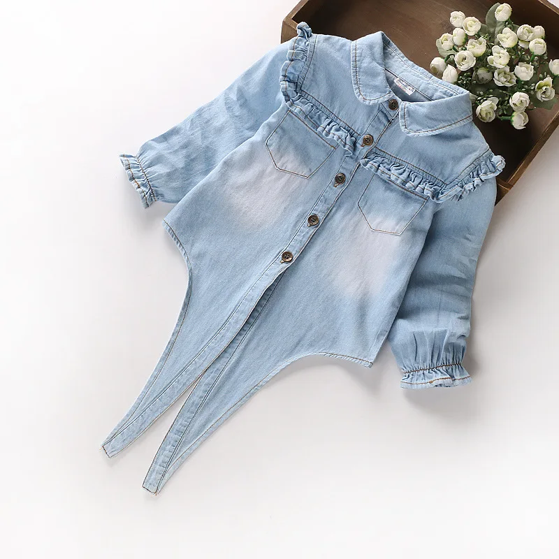 B21925A Осенняя детская одежда оптом джинсовая рубашка с длинным рукавом для девочек