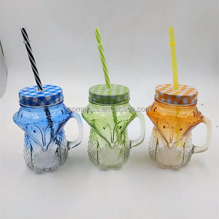 animal shaped fox personalized mason jar 16oz with handle and straw