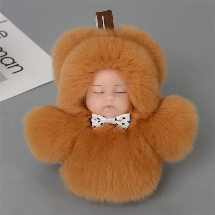 Factory wholesale lovely sleeping baby shape rex rabbit fur key chain plush doll keychain