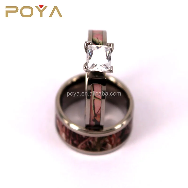 POYA Jewelry 4mmTitanium Ring Men Women Camo and CZ Inlay Wedding Ring Set