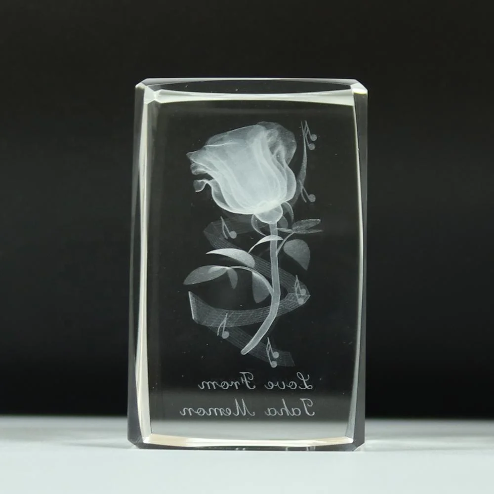 Wholesale 3D Laser Engraved Led Light Base Crystal Glass Rose Flower Cube For Wedding birthday Souvenir Guest Gifts
