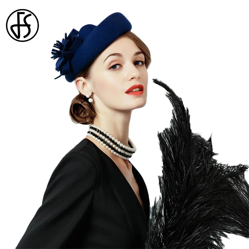 Navy Red Black Woman Formal Cocktail Church Fedoras Wool Felt Bridal Races Wedding Floral Fascinators Hats For Ladies Wholesale