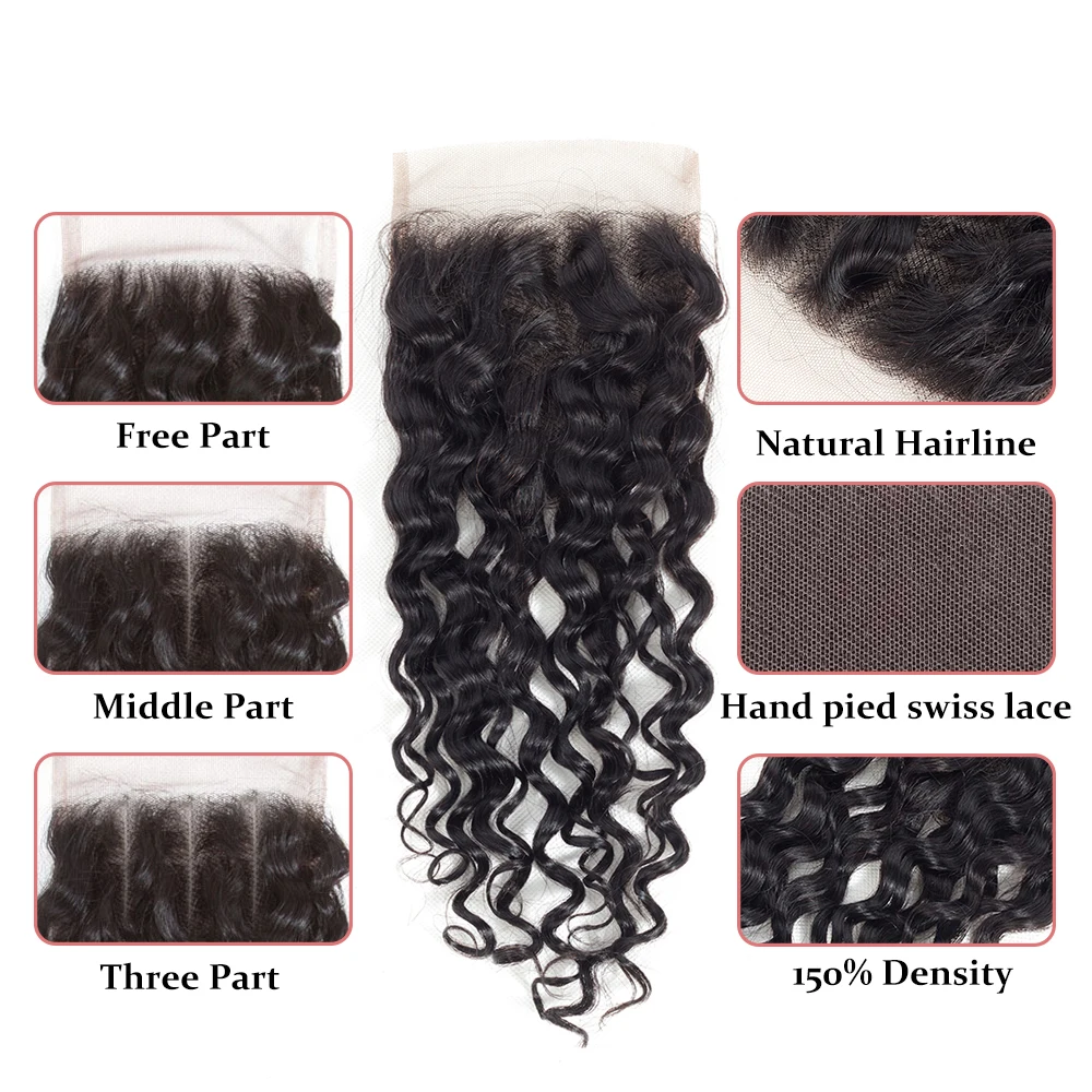 
150% density brazilian water wave 4x4 human hair closure with baby hair 