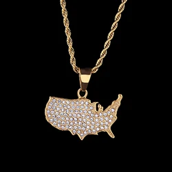 Мужская подвеска в стиле хип-хоп с золотой отделкой в виде карты Америки, ожерелье со стразами, длинная цепь для тенниса, очаровательные украшения в стиле панк 2019