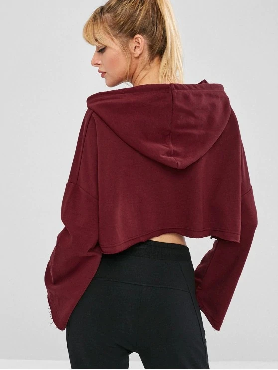 
KY wine red Raw- Hem boxybelly long sleeve drop shoulder bell button Sport womens gym women crop top hoodie 