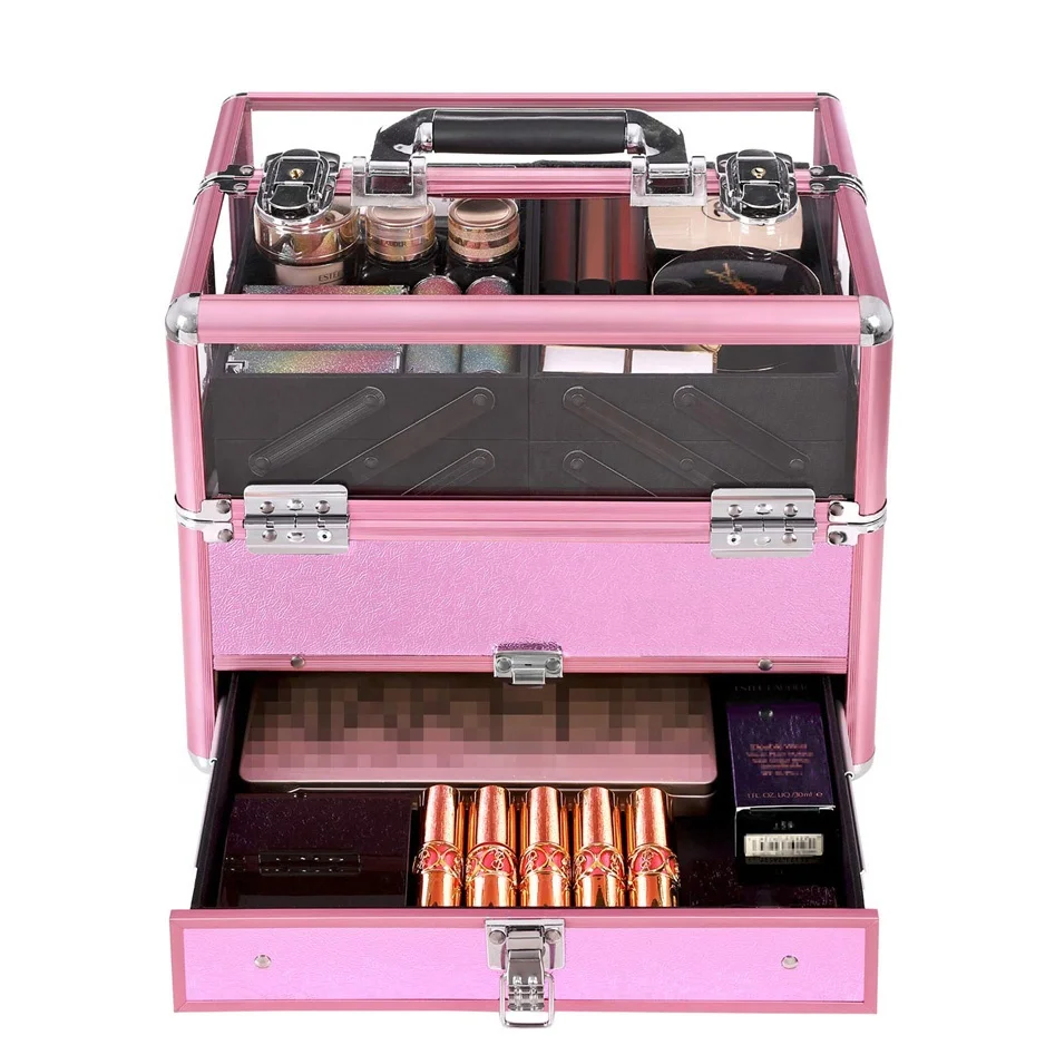 Deluxe Makeup Case Beauty Cosmetic Vanity Organizer for Professional Artist Use Train Case with Transparent Acrylic Lid