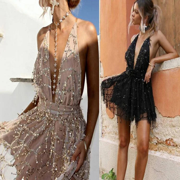 2017 New Arrivals sexy dresses women Backless halter mini dress party tassel Summer dress