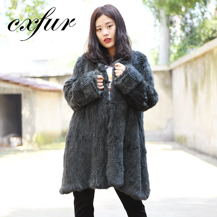 CX-G-A-139B Women European Style Long Hand Knitted Rabbit Fur Coat