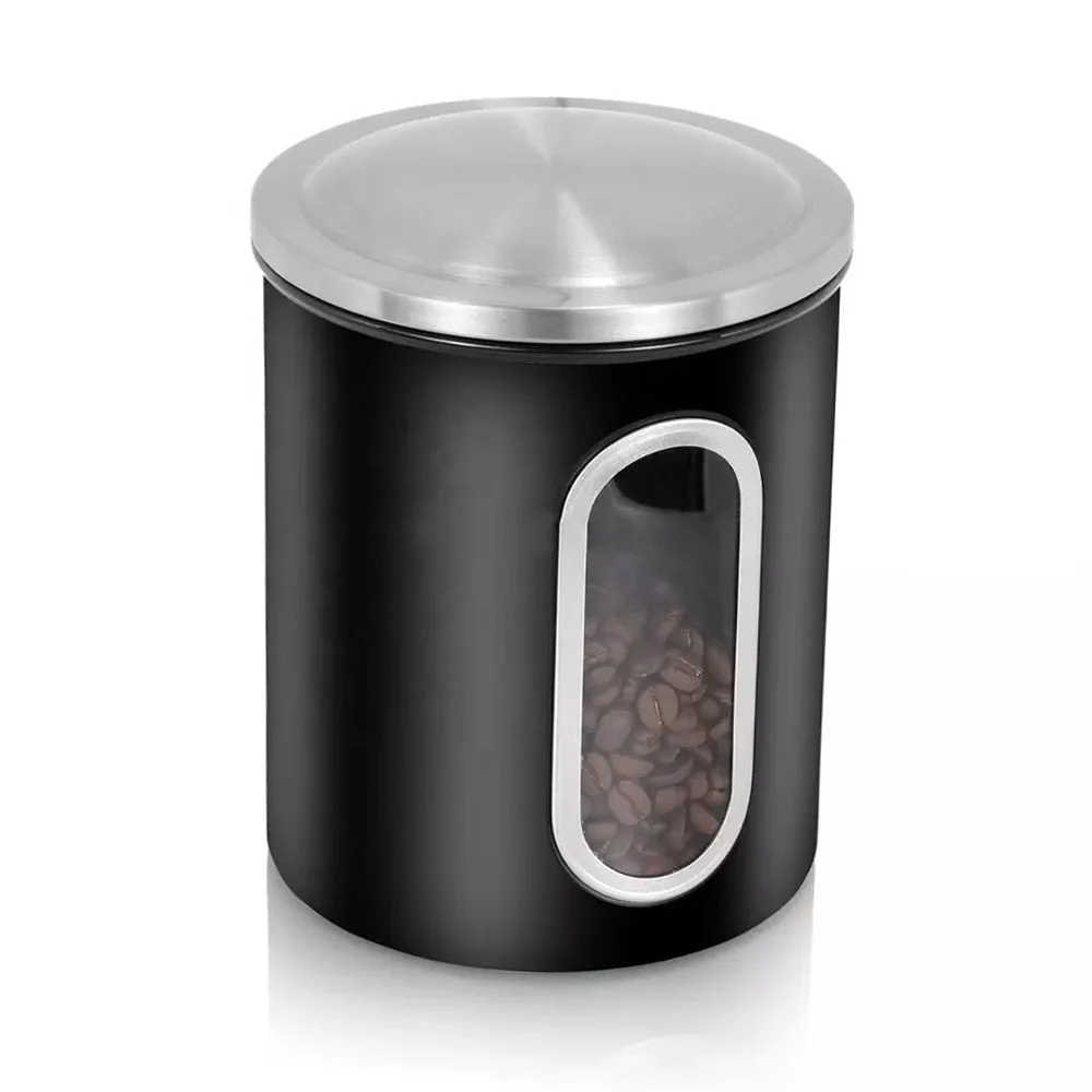 Wholesale metal food safe tea sugar coffee storage airtight kitchen stainless steel window canister set