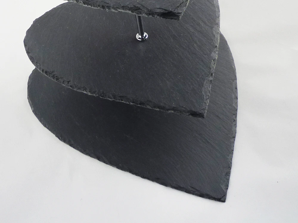 Factory Direct Price Natural Edge 30*25*34cm Heart Shape Black 3 Tier Slate Cake Stand Stone Cake Stand With Metal Handle