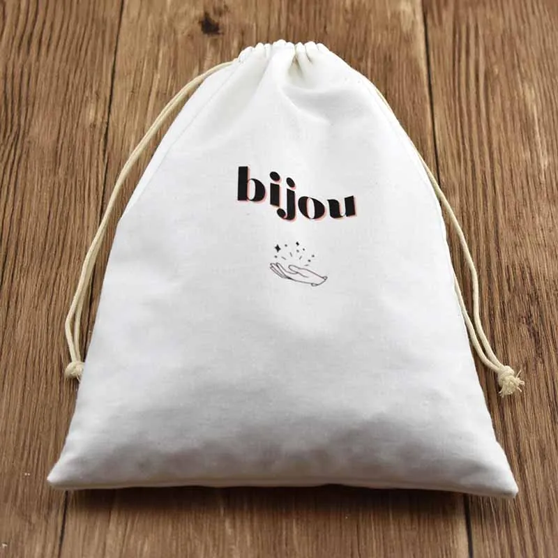 Сверхпрочная оптовая продажа Экологически чистая сумка на шнурке из органического хлопка с черной лентой