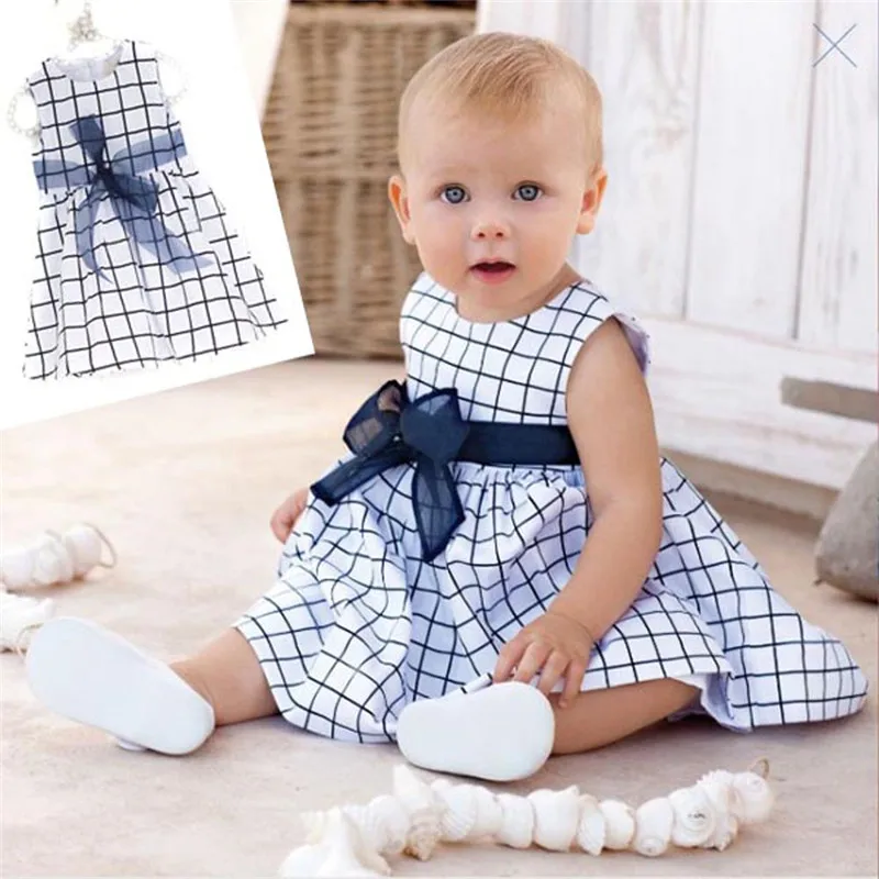 Baby Toddler Girl Kids Cotton Outfit Clothes Top Bow knot Plaids Dress 0 3 Years