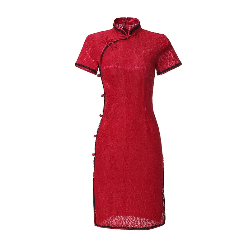 
2019 new style wholesale vintage lace cheongsam long style elegant short sleeve girls cheongsam 