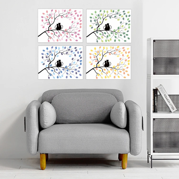Canvas print painting DIY two cats in tree branches wall decor fingerprint painting