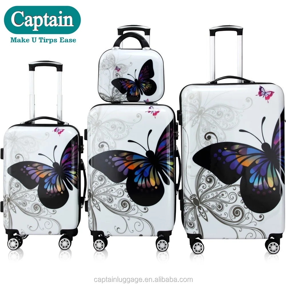 
4 Pcs Butterfly Hardshell Suitcase Spinner Set - With Lock & Beauty Case 360 Castors 