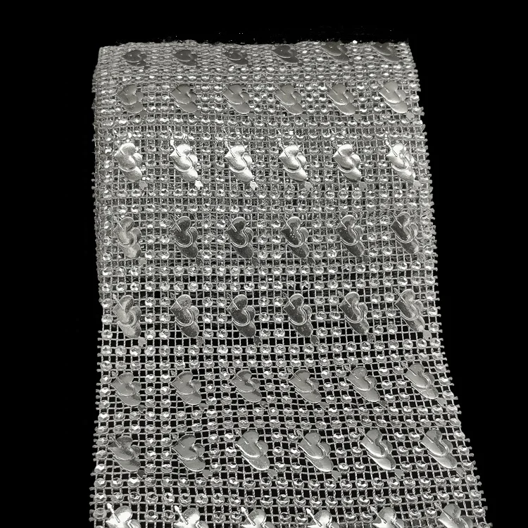 wholesale 24 row Silver Heart Silver Diamante Wedding Table Wrap  motif strass mesh ribbon trim