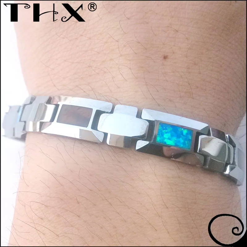 Custom Make Koa Wood And Blue Opal Inlay Tungsten Carbide Bracelet