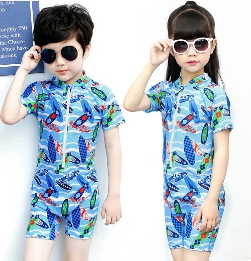 Oem Low moq UPF 50+ Sun Protection Front Zipper Lycra AOP Kids One Piece Swimwear