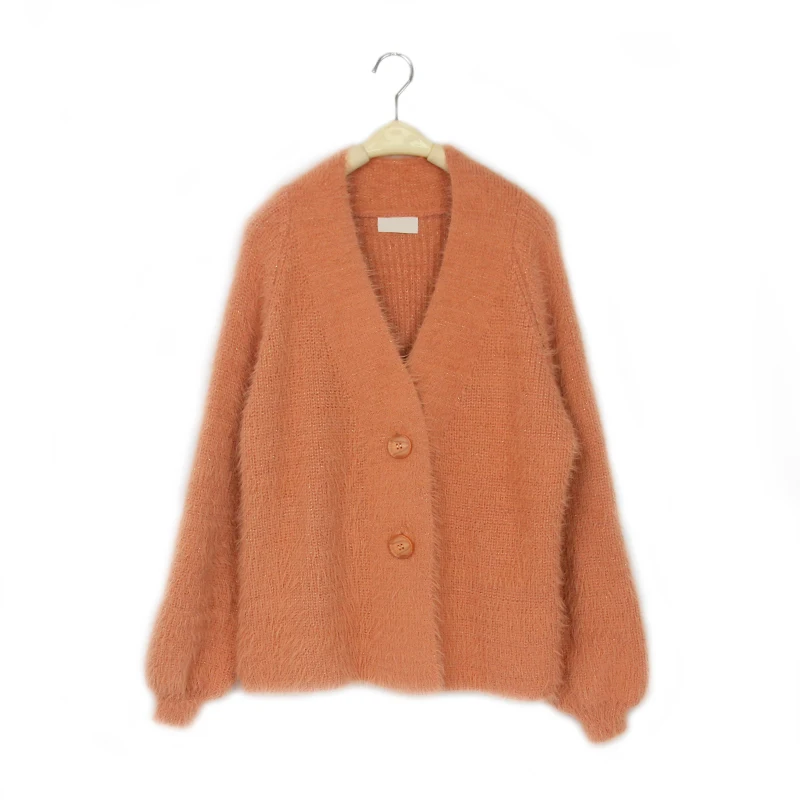 Factory outlet winter warm coat soft chunky knitting women handmade puff sleeve sweater ladies cardigan with buttons